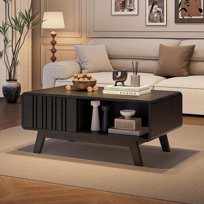 ONBRILL Coffee Table, Mid Century Modern Table with Storage Compartment, Fluted Table with Sliding Cabinet Door, Farmhouse Wood Coffee Table for Living Room (Black)