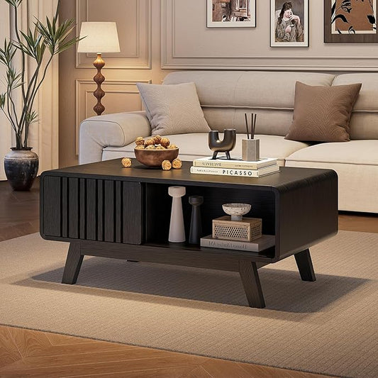 ONBRILL Coffee Table, Mid Century Modern Table with Storage Compartment, Fluted Table with Sliding Cabinet Door, Farmhouse Wood Coffee Table for Living Room (Black)