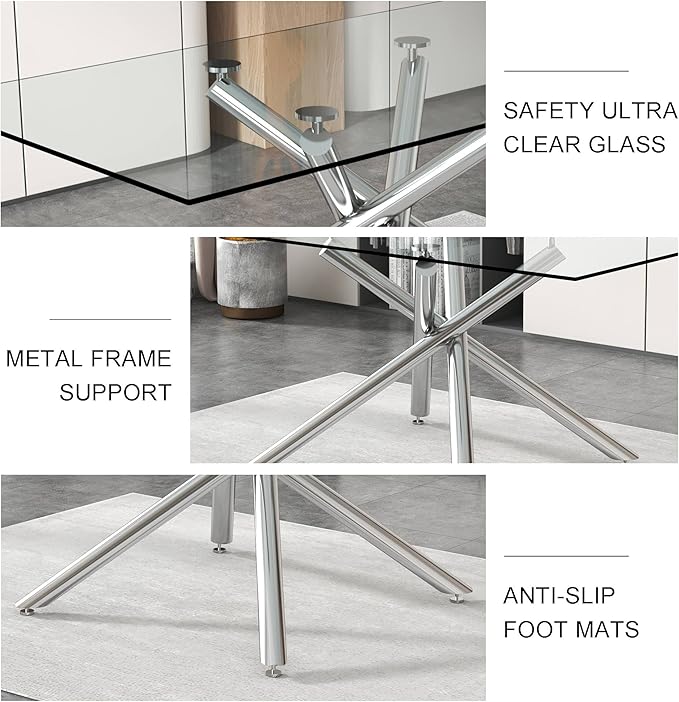 Modern Glass Dining Table for 6-8,Rectangular Glass Kitchen Table with Tempered Glass Tabletop and Silver Chrome Metal Legs for Kitchen Dining Room (Silver)