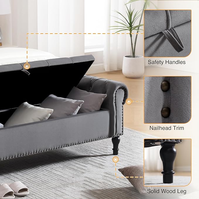 Velvet Storage Bench 67 Inch Upholstered Tufted Ottoman Bench with Rolled Arms Large Storage Space King Size End of Bed Bench for Bedroom Living Room Entryway Dark Grey