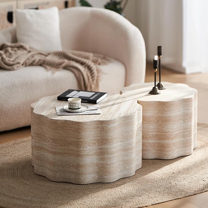 Round Coffee Tables Set of 2 for Living Room,Faux Mars Pattern Modern Minimalist Side Accent End Table for Apartment,Office(Beige Brown,26.7" & 23.6")