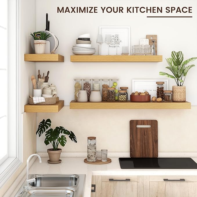 Floating Shelves for Wall, 48 Inch Wide x 12 Inch Deep Floating Shelves, Long Wood Floating Wall Shelf Shelves for Living Room Bathroom Bedroom Kitchen Home - (Oak, 48" W x 12" D x 2" H)