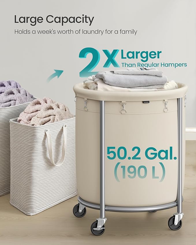 SONGMICS 50.2-Gallon (190 L) Laundry Basket with Wheels, Rolling Round Heavy-Duty Laundry Hamper Cart with Steel Frame and Removable Bag, 2 Locking Wheels, Cream White and Metallic Silver URLS01MZ