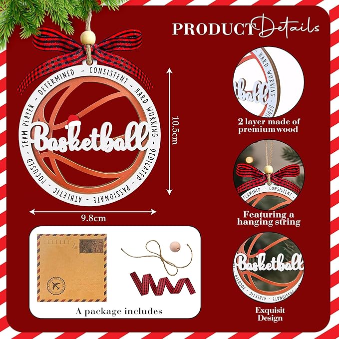 Basketball Ornaments for Christmas Tree 2025 - Basketball Ornament for Men, Woman, Coaches, Sports Fan - 2 Layer Wooden Sports Ornaments - Christmas Hanging Decor Gift for Sport Lovers, Sport Players