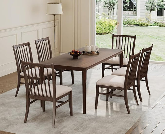 chairus Upholstered Dining Chairs Set of 6, Walnut Wooden Barrel Kitchen Chairs with Slat Back Double-Layer Cushion Farmhouse Accent Chairs for Dining Room/Living Room/Restaurant, Linen Beige