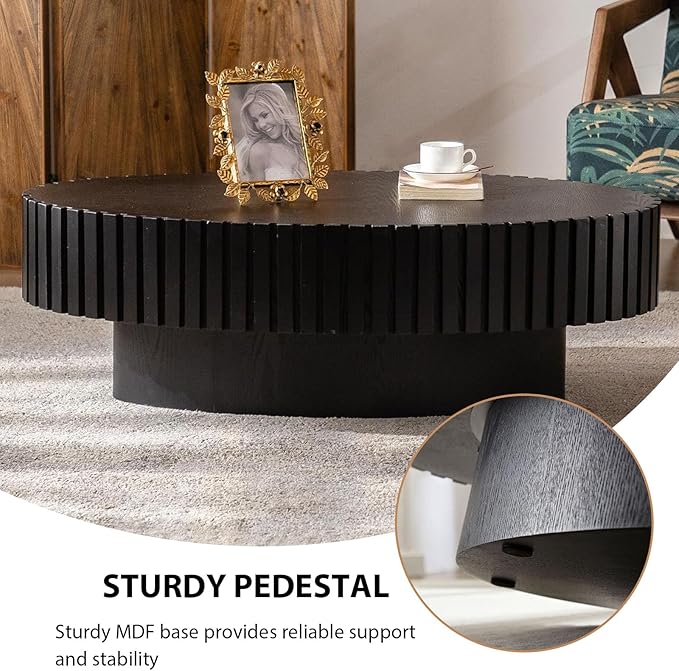 Oval Coffee Table, Handcrafted Fluted Drum Coffee Tables Modern Wood Coffee Table Drum Center Table for Living Room, Apartment (Oval Black)