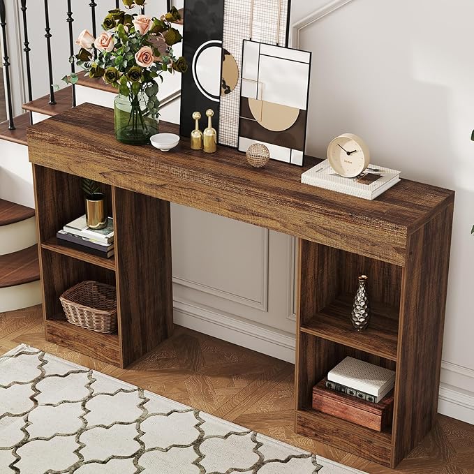 55 Inches Console Table,4 Cubes Narrow Entryway Table,3 Tier Wood Behind Couch Sofa Table,TV Console with Storage for Living Room,Hallway,Entrance,Foyer (Striped Brown)