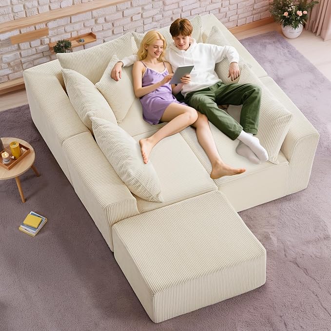 Oversize 131” Boneless Couch for Living Room, Comfort L Shaped Cloud Couch Sectional, Extra Deep Seats Corduroy Modular Sectional Sofa No Assembly,Beige