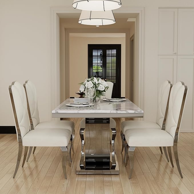 Modern Dining Room Table with Silver Stainless Steel Metal U-Base in White Silver