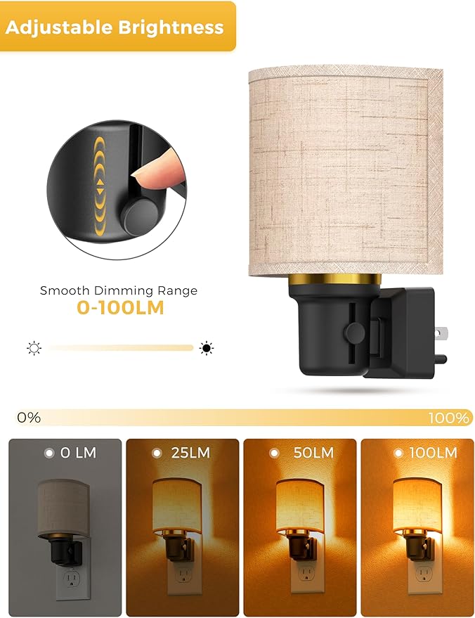 L LOHAS LED Amber Night Lights Plug into Wall, Plug in Night Light Dimmable, Farmhouse Decorative Nightlights Plug in Wall, Light Sensor, Linen Fabric Yellow Nightlight for Bedroom Hallway, 1 Pack