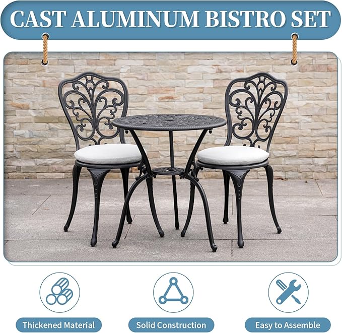 3 Piece Bistro Patio Set Cast Aluminum Bistro Table and Chairs Set of 2 with Cushion,Outdoor Bistro Table Set with Umbrella Hole,Metal Patio Furniture Set for Garden,Black