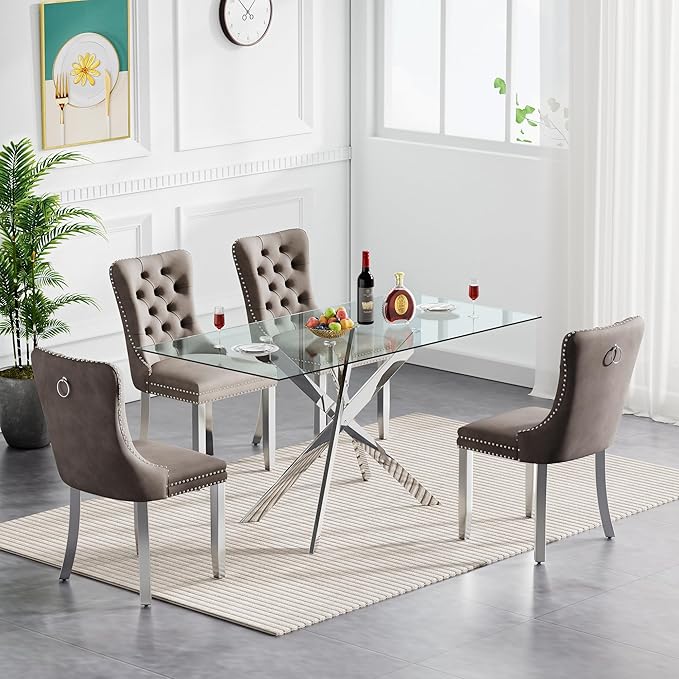 Goujxcy Glass Dining Table Set for 4, Modern Kitchen Table and Chairs Set of 4, 5-Piece Kitchen Dining Room Table Set w/61 Glass Silver Dining Table and 4 Gray Velvet Upholstered Chairs