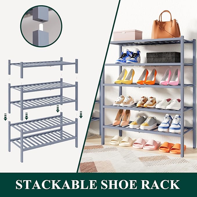 Smiry Shoe Rack, 6 Tier Thick Small Bamboo Shoe Organizer, Stackable Free Standing Wooden Shoe Storage Shelf for Closet, Entryway, Front Door Entrance, Grey