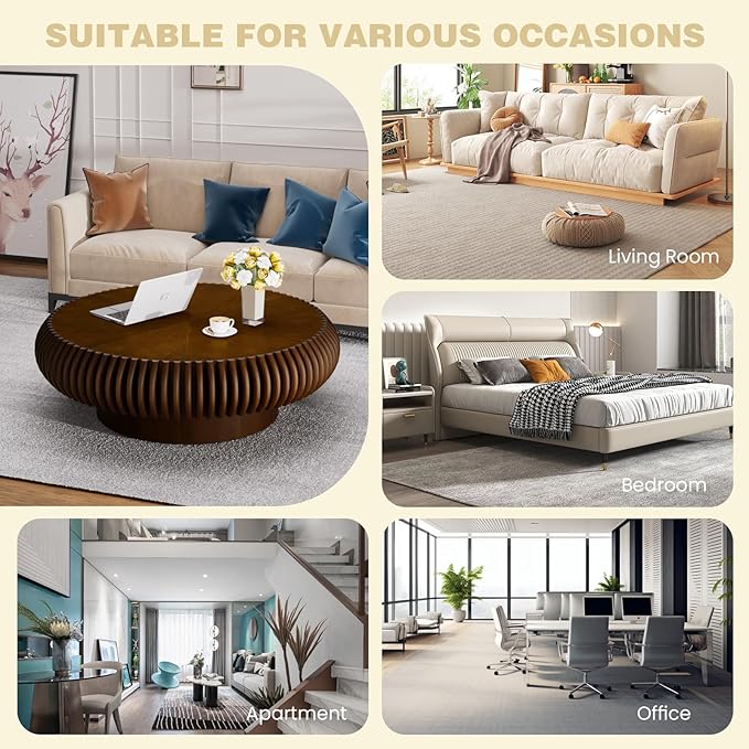 Fluted Round Coffee Table for Living Room 39.37" Modern Drum Coffee Table Mid Century Handcrafted Circle Wood Center Tables with Pedestal for Small Space Apartment (Walnut)