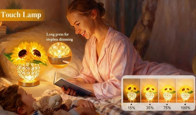 Crystal Cube LED Night Light with Sunflower Vase, USB Rechargeable Table Lamp, 3 Color Modes, Touch Control, Decorative Accent Light for Bedroom, Home (Round Crystal Globe (Sunflower))