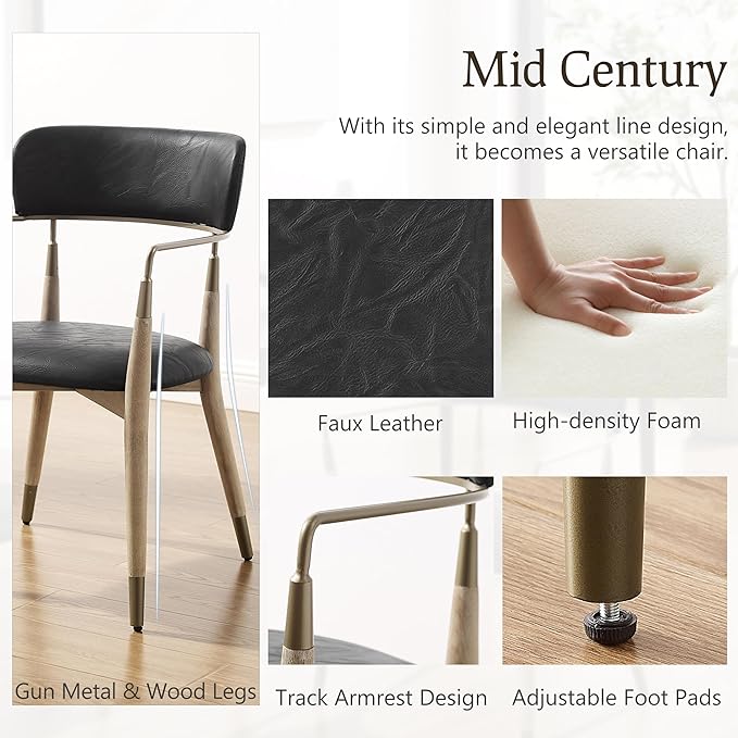 Art Leon Dining Chairs Set of 2 - Mid Century Modern Dining Room Chairs, Faux Leather Upholstered Accent Chair with Open Backrest, Wishbone Chair with Wood Legs, Black