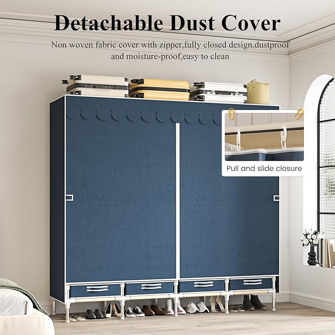 Portable Wardrobe with 4 Drawers and 3 Shelves, 67 Inch Large Capacity Freestanding Wardrobe Hanging Organizer with Lid for Bedroom, Blue