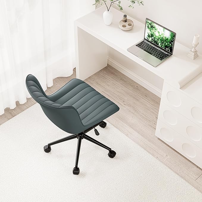 Kidol & Shellder Leather Home Office Desk Chair with Wheels Modern Cute Armless Executive Swivel Vanity Chair with Comfy Back Ergonomic Rolling Adjustable Computer Task Chair Small Greyish Green