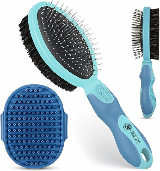 American Kennel Club AKC 2-Sided ProBrush™ – Double-Sided Bristle & Pin Grooming Brush with Complimentary Bath Brush – for Dogs & Cats of All Coat Types
