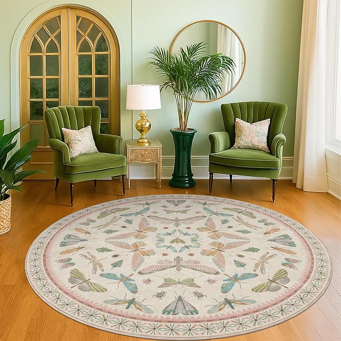 Pink Cute Butterfly 6ft Round Soft Rugs for Girls Bedroom Beside Bed - Non Skid Rug Low Pile Washable Living Room Rugs, Fun Insect Carpet for Playroom, Reading Corner, Low Pile & Soft