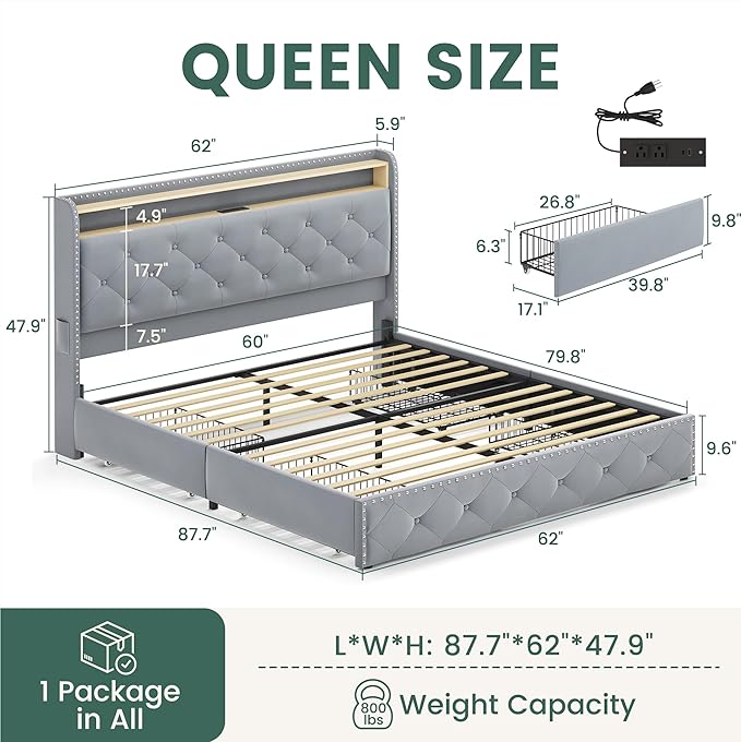 LARMACE Queen Size Bed Frame with Headboard Upholstered Tufted LED Platform Bed Frame Queen with 4 Storage Drawers&USB,Type-C Charging Station,Heavy Duty,No Box Spring Needed,Easy Assembly,Bluish Grey