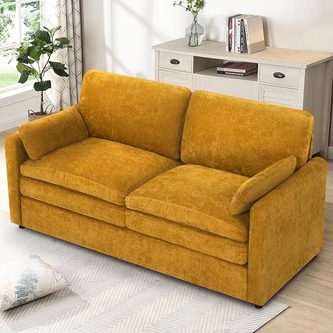 69" Chenille 2 Seats Sofa with 2 Pillows, Modern Upholstered Sofa with Deeper Seats, Comfy Sofa with Thickened Cushions for Living Room, Apartment, Yellow