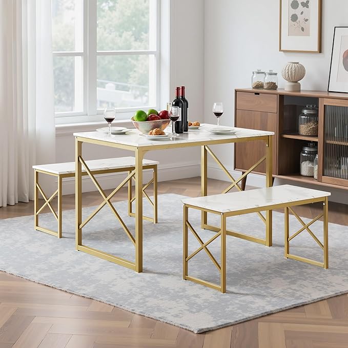 VECELO Kitchen Dining Table Benches Set for 4, 43.3" Wooden Dinette with 2 Benches, Heavy-Duty Dining Room Table for Small Space, Breakfast Nook, Gold