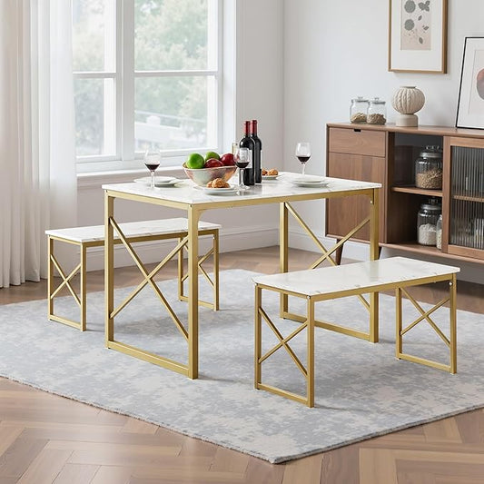 VECELO Kitchen Dining Table Benches Set for 4, 43.3" Wooden Dinette with 2 Benches, Heavy-Duty Dining Room Table for Small Space, Breakfast Nook, Gold