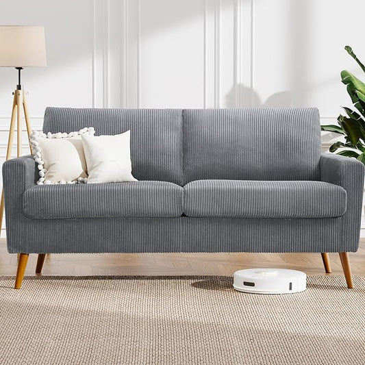 WEUP 68" Loveseat Sofa Grey Corduroy Couch, Mid Century Modern Love Seat Couches for Living Room, Small Loveseat for Bedroom Office, Comfy Sofa with Spring Cushion, Solid Wood, Tool-Free Assembly