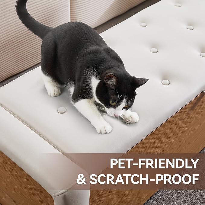 48" Large Storage Ottoman Bench, Faux Leather Upholstered Bed Bench with Button Tufted, End of Bed Ottoman with Safety Hinge for Bedroom, Living Room, Window，or Entryway, Beige Shoe Storage Chest