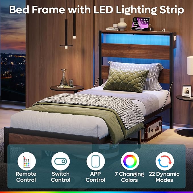 Bestier Twin Bed Frame with Storage Headboard and Charging Station, Walnut Platform Bed Frame with LED Light, Non-Slip Metal Bed Frame, Noise-Free, Easy Assembly,Brown