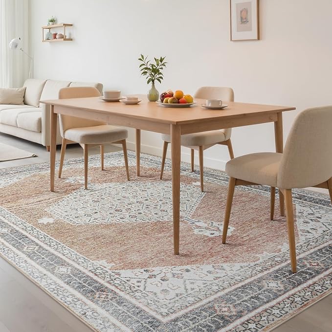 Washable Rugs 8x10 Area Rugs for Living Room,Bedroom,Dining Room- Soft Low Pile Stain-Resistant Carpet with Non-Slip Rubber Backing,Large Vintage Area Rug for Nursery Home Office Decor
