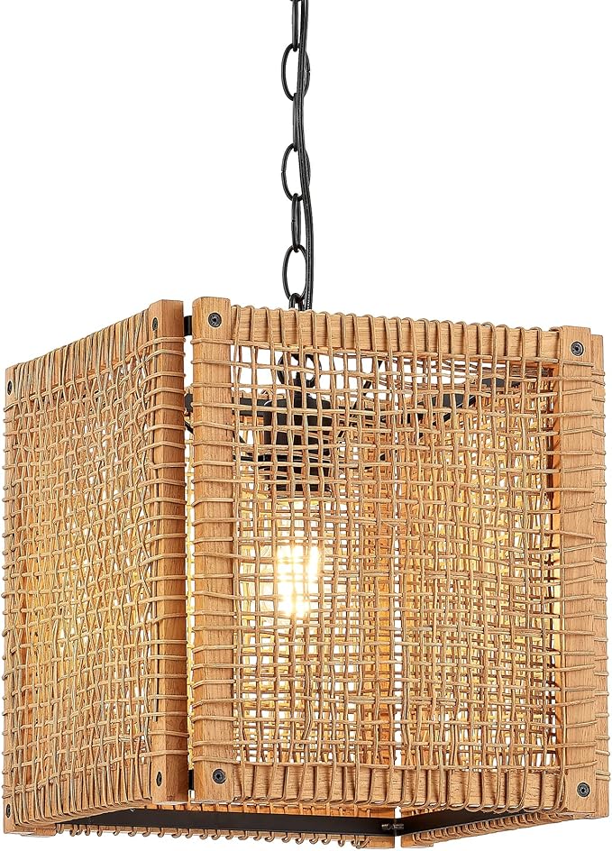 ELYONA 1-Light Rattan Pendant Light, 12" Square Solid Wood Frame Woven Pendant Light Fixtures Boho Adjustable Hanging Chandelier for Dining Room, Kitchen Island, Living Room, Bedroom, Bar, Hallway