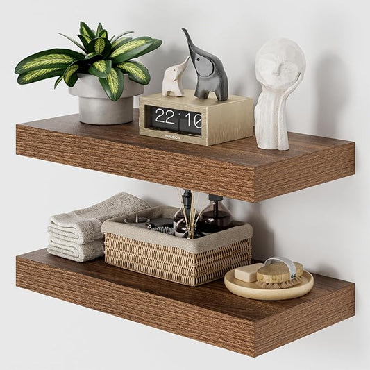 Heimlove 12" Deep Walnut Floating Shelves for Wall, 24 Inch Shelf Bathroom Shelves Set of 2, Mounted Shelves for Books Living Room Laundry Room Bedroom Kitchen Home Office