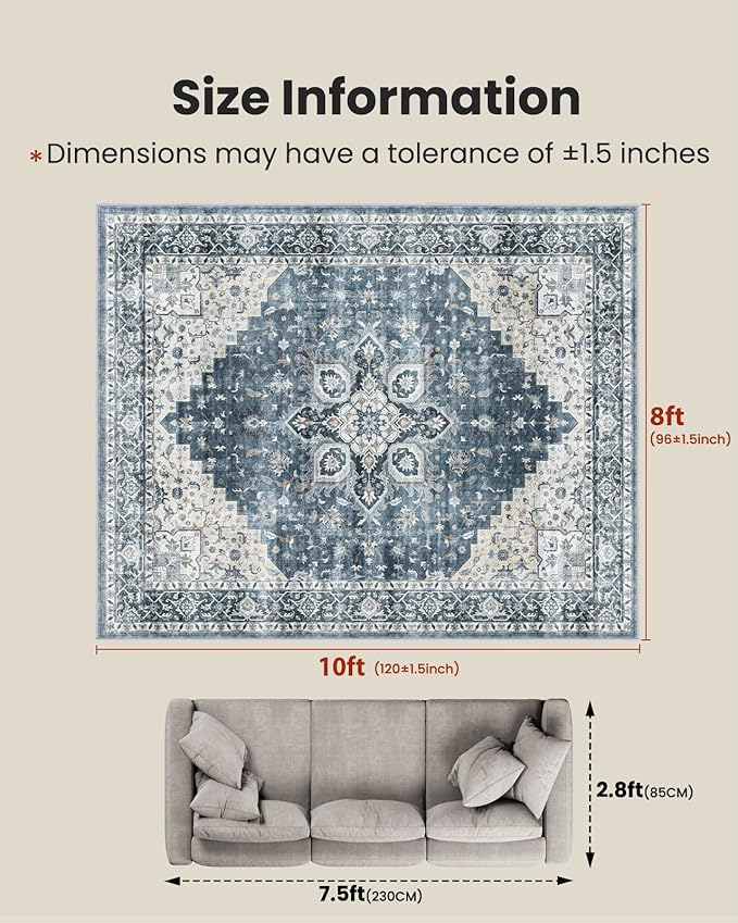 AMADA HOMEFURNISHING 8x10 Washable Area Rug, Low-Profile Large Area Rug with Non-Slip Backing & Durable Edge Binding, Vintage Large Rugs for Living Room, Bedroom, Dinning Room