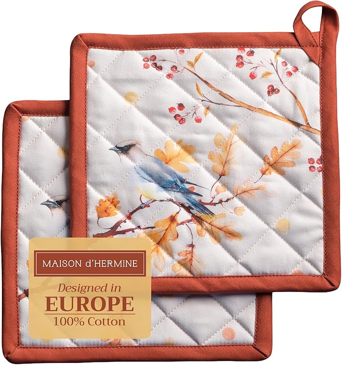 Maison d' Hermine Pot Holders Set 100% Cotton Heat Resistant Potholders 8" x 8" Hot Pads with Loop for Thanksgiving Christmas Decorations BBQ Cooking Baking Handling Hot Pans (Pack of 2, Oak Leaves)
