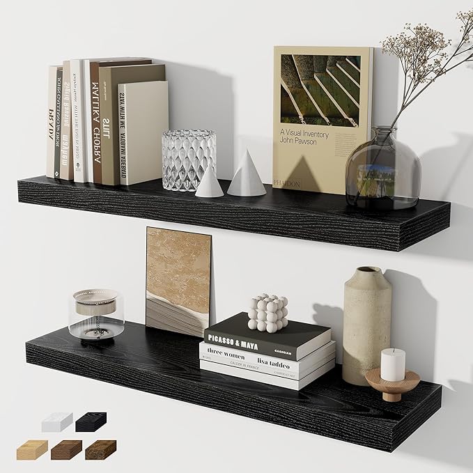 Fun Memories Floating Shelves - 2 Pack 30 Inch Long Rustic Wooden Wall Shelves - 8 Inch Deep Wall Mounted Storage Shelf with Invisible Heavy-Duty Brackets for Books, Bathroom, Kitchen - Black