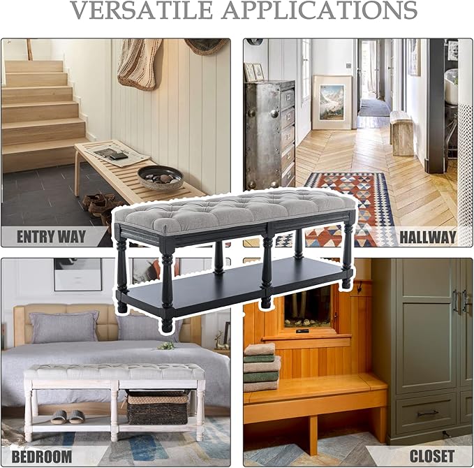 Kmax Storage Entryway Bench Tufted Shoe Rack Bench Black Wood Window Bench for Hallway Entrance Bedroom Corner, Grey
