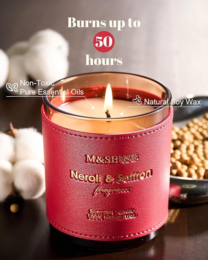 M&SENSE Neroli Saffron Scented Candles-Vegan Soy Wax, No Toxin 10oz 42-Hour Long Burning Time, Fall Winter Cozy Stress Relief Candle for Home Fragrance, Thanksgiving Christmas Housewarming Gift