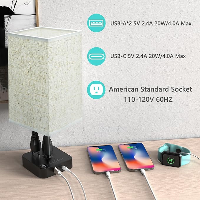 COZOO USB Bedside Dimmable Table Desk Lamp with 2 USB Charging Ports 2 Outlets Power Strip,Black Charger Base Flaxen Fabric Shade, LED Light for Bedroom/Nightstand/Living Room/Dorm/Home Office/College