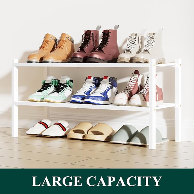 Smiry Shoe Rack, 2 Tier Bamboo Shoe Organizer, Stackable Free Standing Wooden Shoe Storage Shelf for Closet, Entryway, Front Door Entrance, White