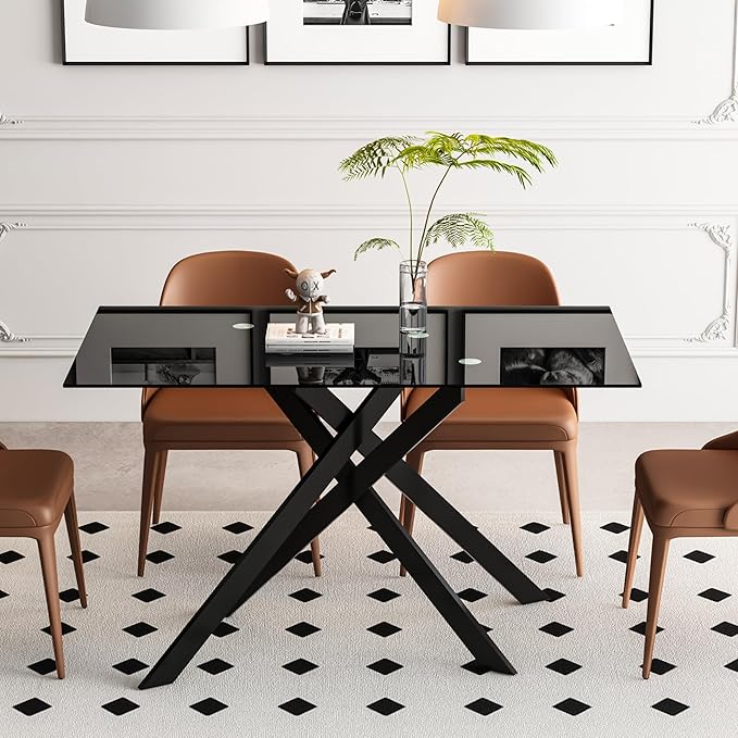 51.2" Black Glass Dining Table, Modern Kitchen Table for 4-6 People, Contemporary Rectangular Dining Room Dinner Tables with Black Glass Top & Black Metal X Legs for Kitchen Apartment