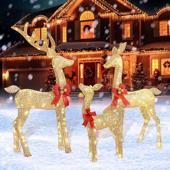 4.3 FT Outdoor Christmas Decorations Deer, 3 Pcs Family Outdoor Lighted Xmas Deer, 210 Lights 52" Buck 47" Doe 29" Fawn Large Christmas Reindeer for Garden Patio Lawn Holiday Decorations - Gold
