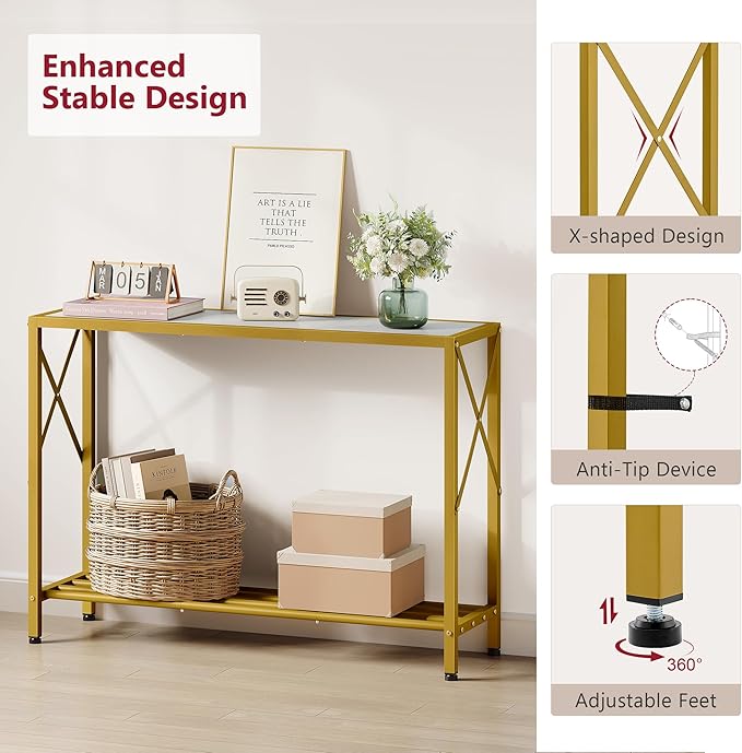 Tajsoon Entryway Table 41.8”, 2-Tier Entry Way Console Entrance Table, Narrow Sofa Table with Shelves, Ideal for Hallway, Entryway, Living Room, Foyer, Corridor, and Office (Gold & White)