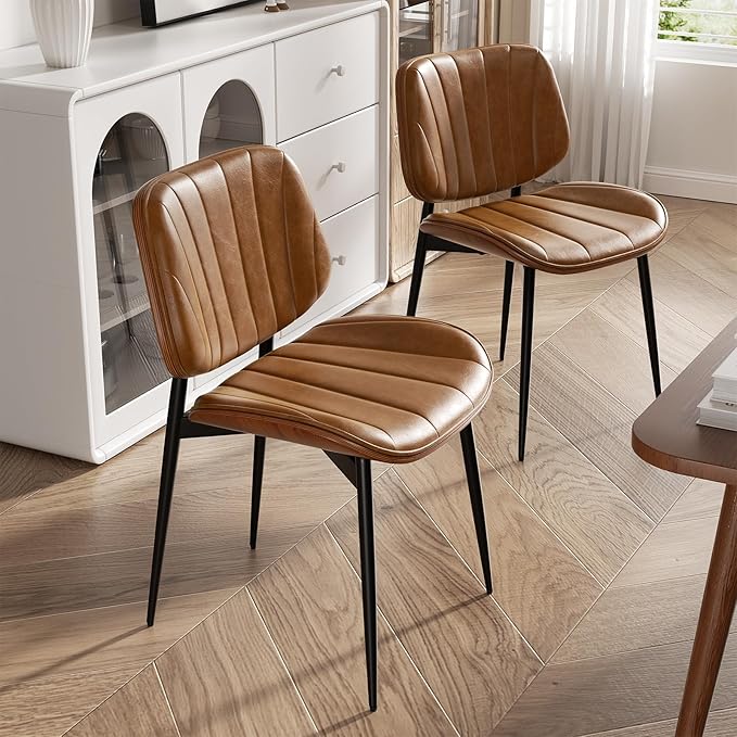 Dining Chairs Set of 4, Mid Century Modern Dining Room Chairs, Upholstered Faux Leather Kitchen Chairs with Walnut Bentwood Back and Metal Legs, Brown