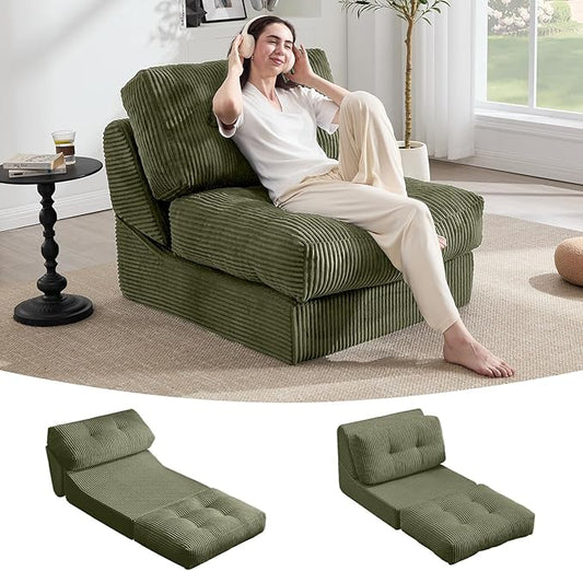 Tbfit Folding Sofa Bed, Convertible Sleeper Chair with Large Pillow, Corduroy Folding Couch Bed, Portable & Foldable Mattress Boneless Floor Sofa for Living Room, Bedroom, Office, Green, Single