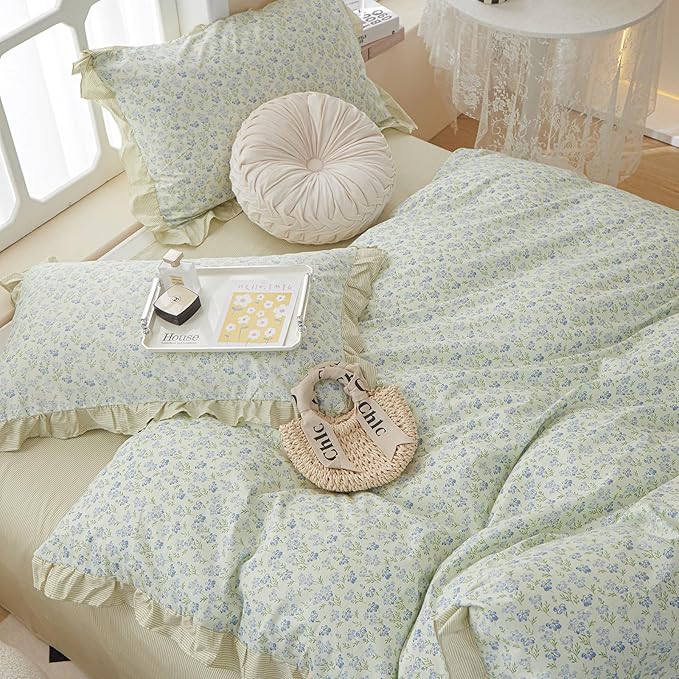 EAVD French Style Garden Floral Ruffled Comforter Set Full White Fluffy Soft Microfiber Chic Blue Floral Bedding Set with 2 Pillowcases Fresh Botanical Comforter Set for All-Season