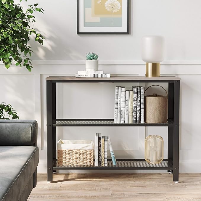 VASAGLE 40" Industrial Console Table, 3 Tier Entryway Table with Storage Shelf, Narrow Sofa Table for Living Room, Hallway, Entrance Hall, Corridor, Bedroom, Greige and Black ULNT081B02
