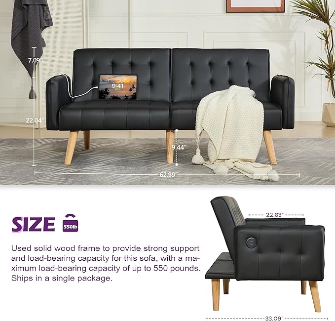 TYBOATLE Faux Leather Convertible 65'' Folding Futon Sofa Bed w/ 2 USB, Loveseat for Small Space, Apartment, Dorm, Living Room, Office, Black