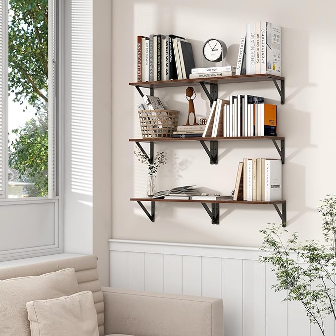 Axeman Floating Shelves | 8 Inch Deep Walnut Wall Shelves Set of 2 | 16W x 8D Rustic Wood Shelves for Bookshelf Living Room Bedroom Home Office Bathroom